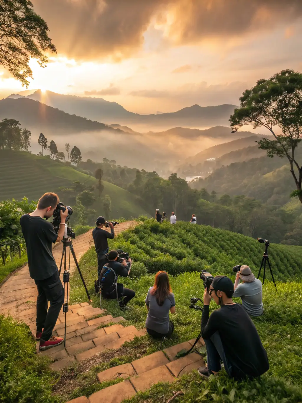 A photograph of students on a Visual Society photo outing, capturing landscape shots at sunset, emphasizing practical application of learned skills.