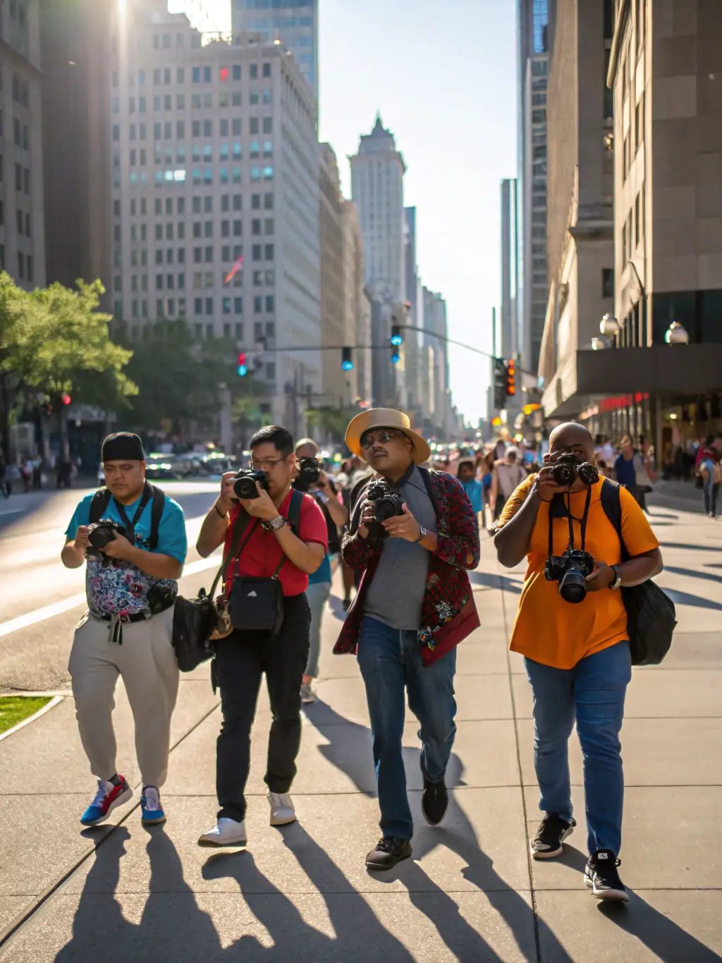 A group of photographers on a guided photo walk through a vibrant urban environment, capturing street scenes and architectural details during a street photography workshop.