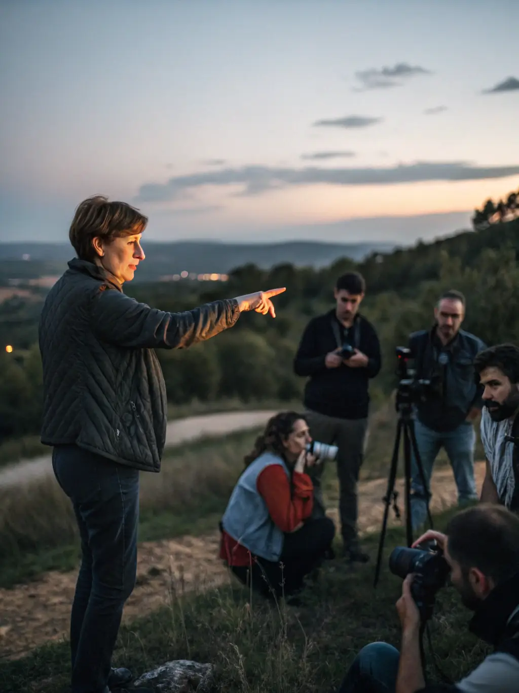 A photographer leading a workshop on landscape photography, demonstrating techniques for capturing breathtaking vistas and golden hour lighting in a scenic natural setting.