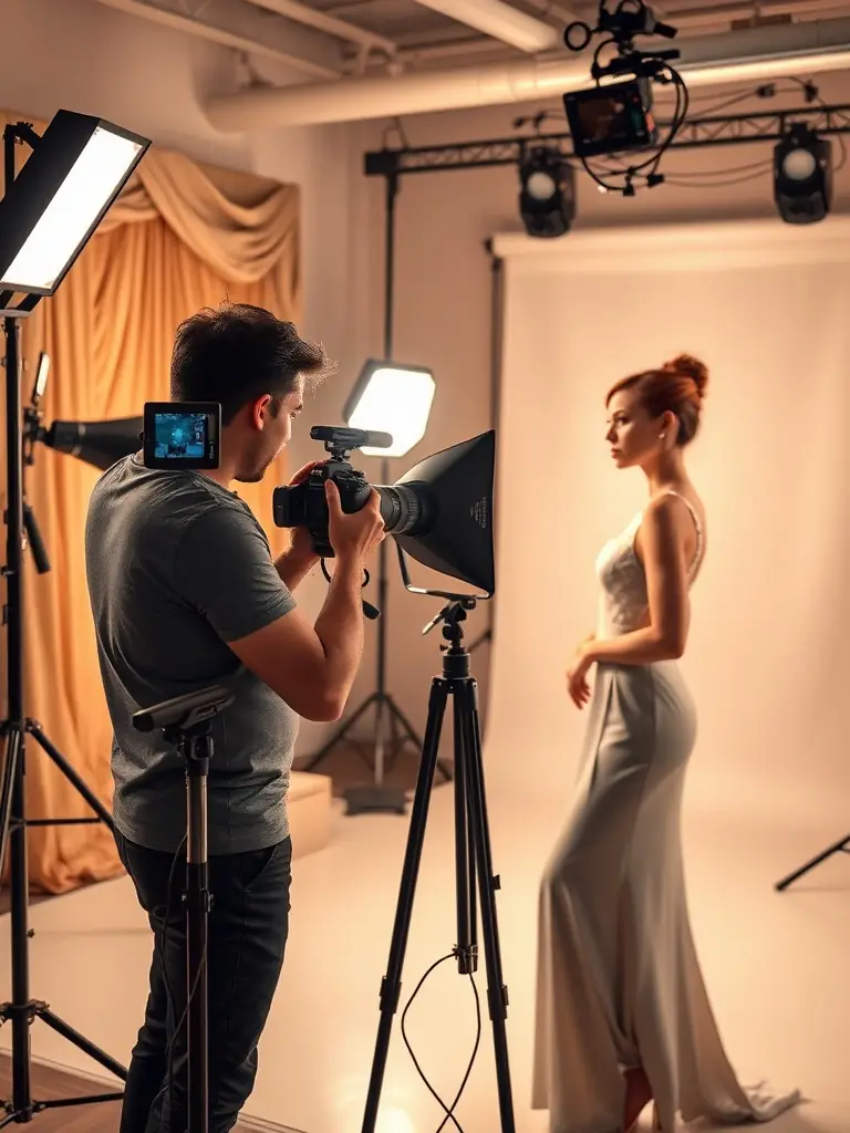 A studio setup with professional lighting equipment and a model posing for a portrait photography workshop, focusing on lighting techniques and posing strategies.