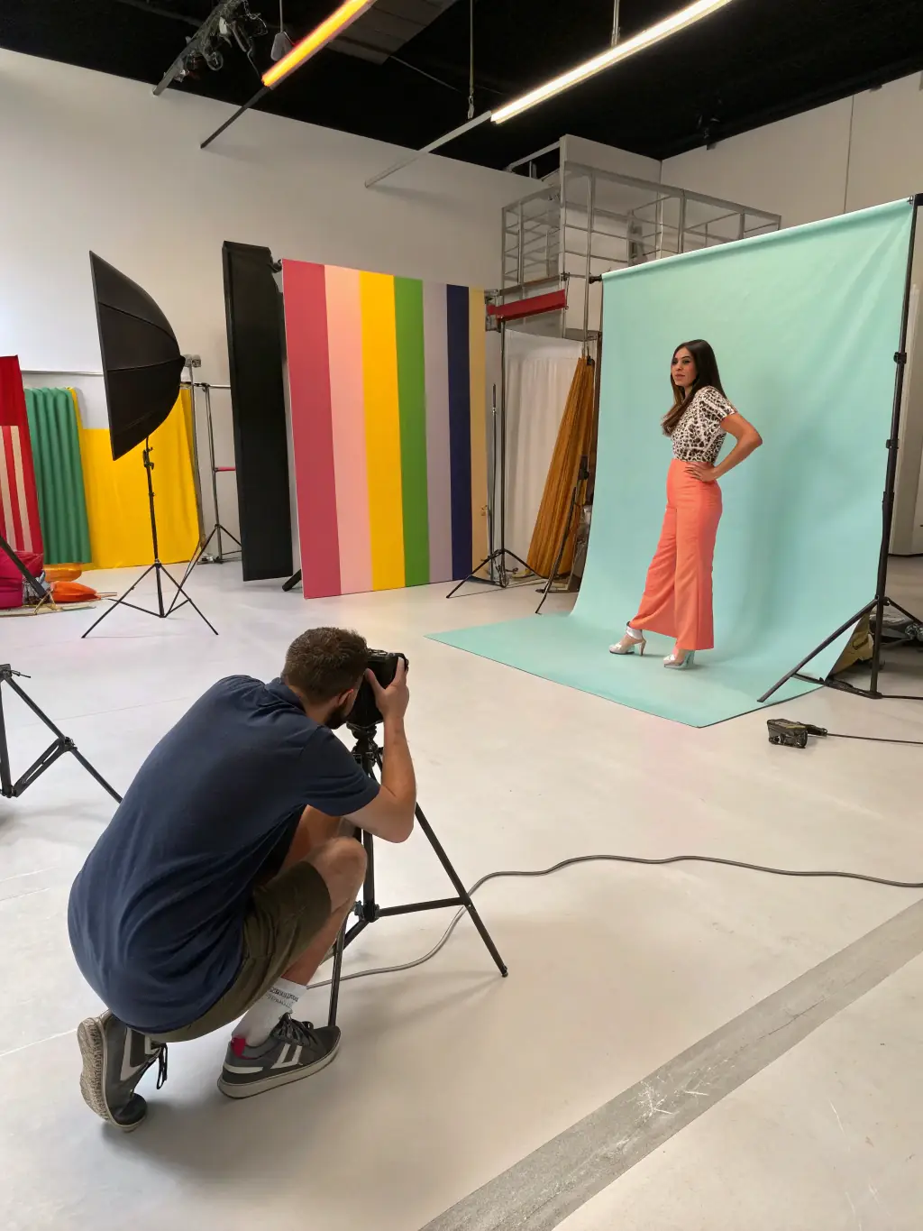 A photograph of a student in a Visual Society Level 1 photography course, learning the basics of camera settings in a studio environment, with soft, diffused lighting.
