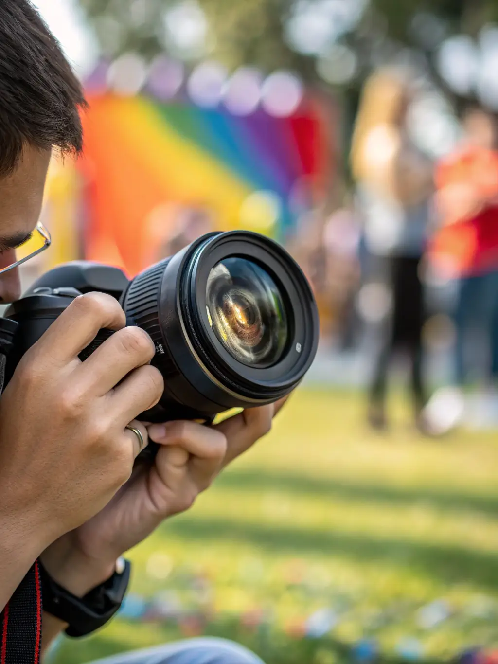 A close-up shot of a photographer adjusting the settings on their DSLR camera during a macro photography workshop, focusing on capturing intricate details of a flower.
