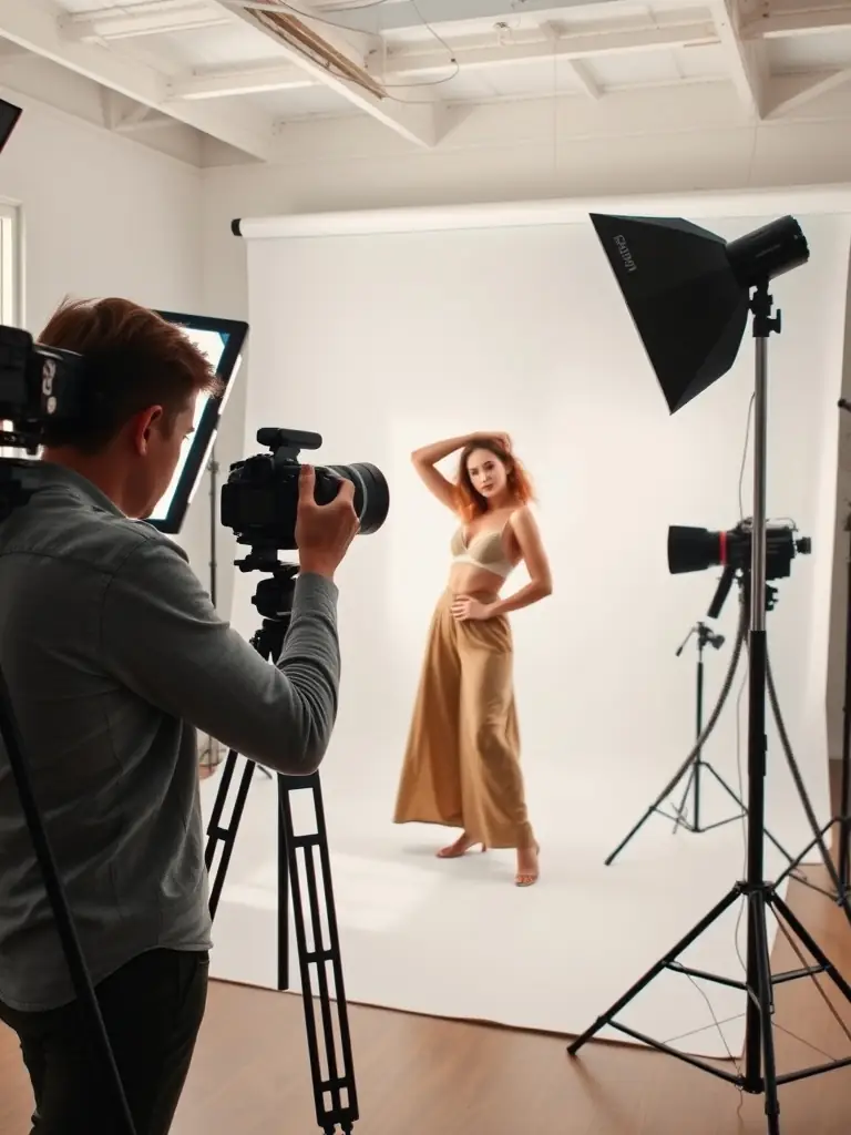 A photograph showcasing the advanced techniques taught in Visual Society's Level 2 photography course, featuring a student working with professional lighting equipment and a model in a studio.