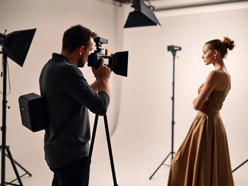 A close-up image of a photographer in a studio setting, adjusting lighting equipment and working with a model, highlighting the studio lighting workshop.