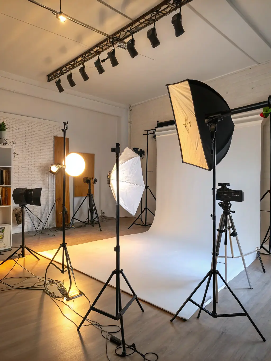 A well-lit photography studio with various lighting equipment, backdrops, and props, showcasing the tools used in the Level 1 photography course.