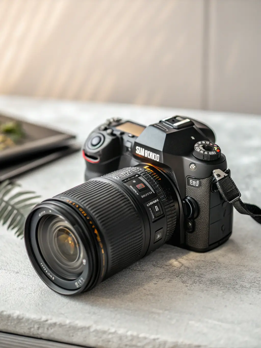 A DSLR camera with a standard zoom lens on a tripod, set up in a studio environment with soft, diffused lighting, ready for a photography lesson.
